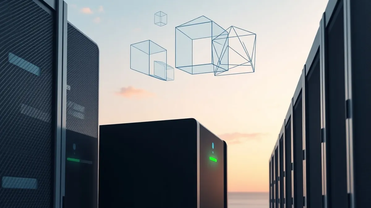 Illustration: A sleek black server blade sits in a clean data center rack with a single green LED blinking rapidly.