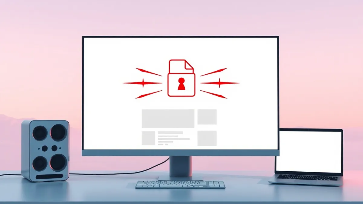Illustration: A blank computer monitor displays a single, ominous file icon representing a malicious script hovering over a generic website layout.