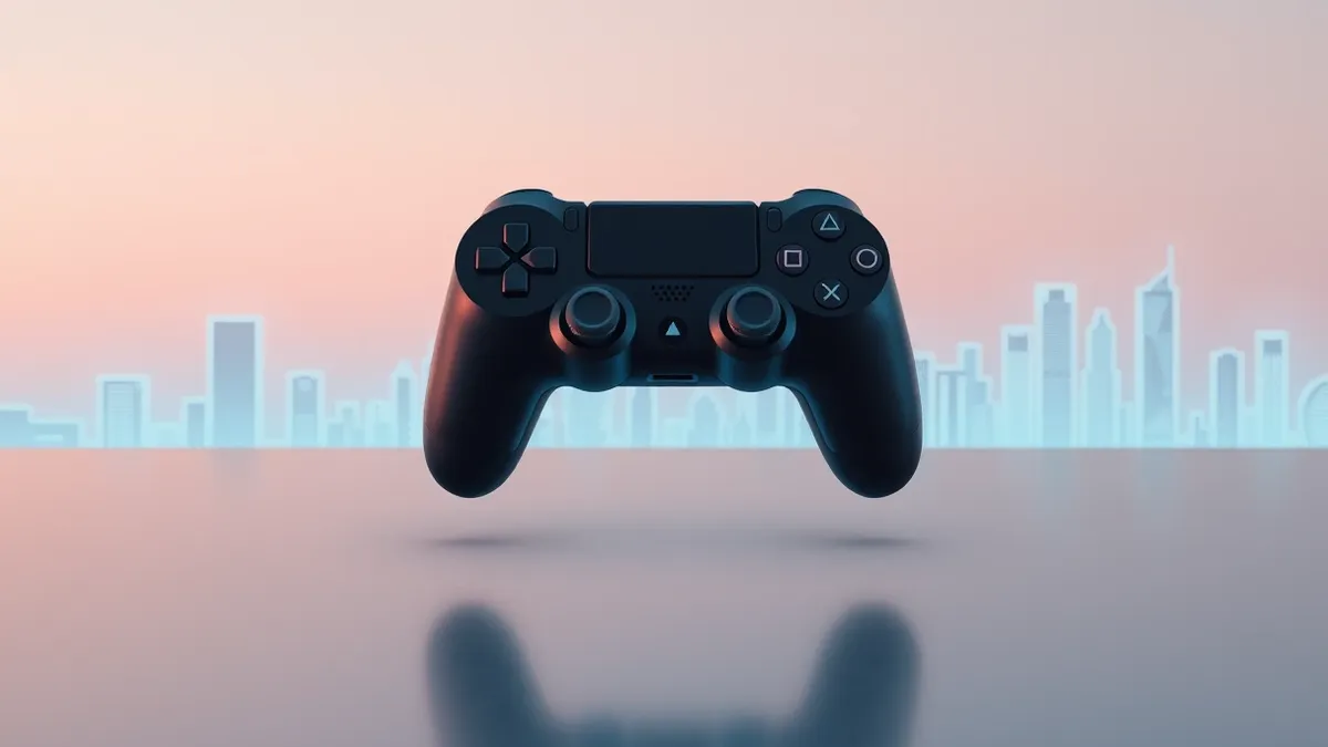 Illustration: A sleek black game controller floats above a smooth, reflective surface.