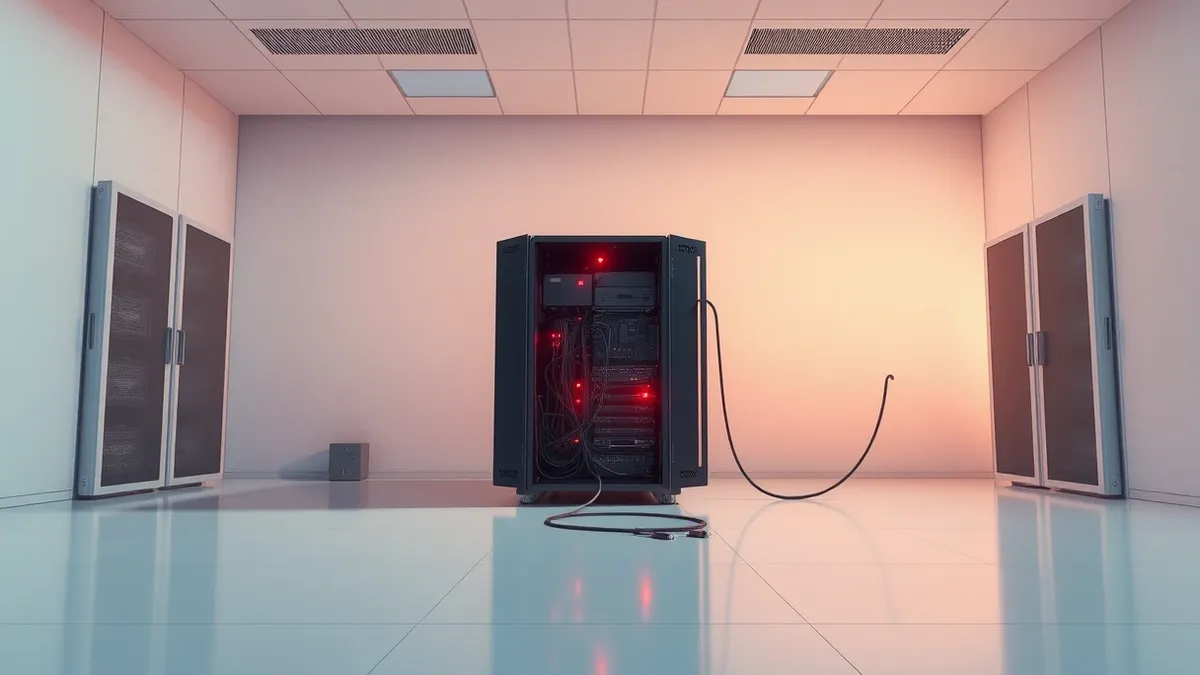 Illustration: A sleek server rack sits in a sterile room with its rear panels open, exposing tangled cables and circuit boards.