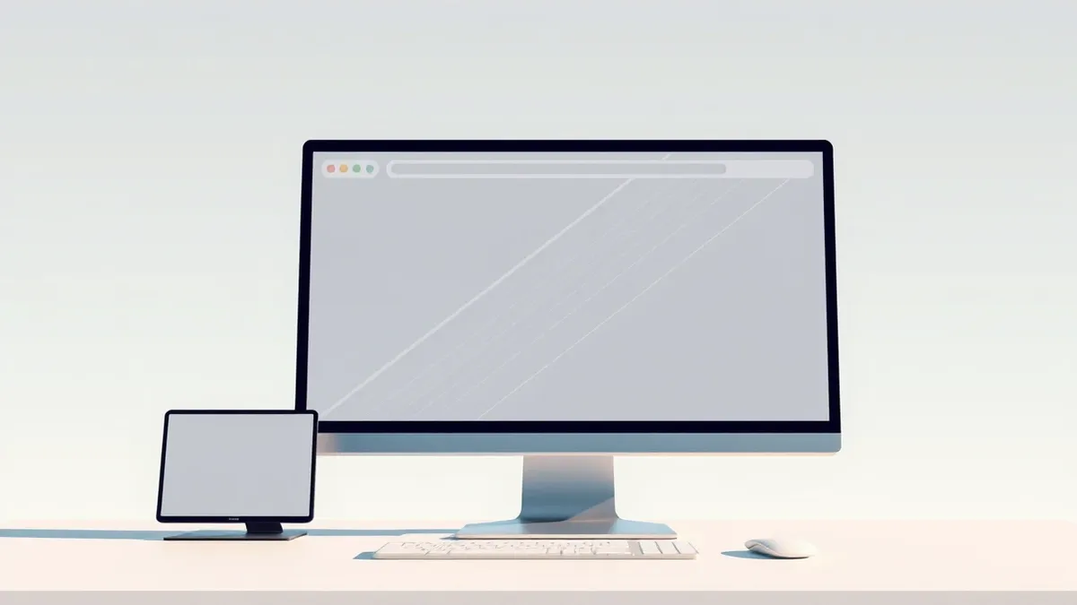Illustration: A sleek desktop monitor displays a web browser window with a faint, diagonal lattice of abstract geometric shapes overlaying the blank content area, visually represen