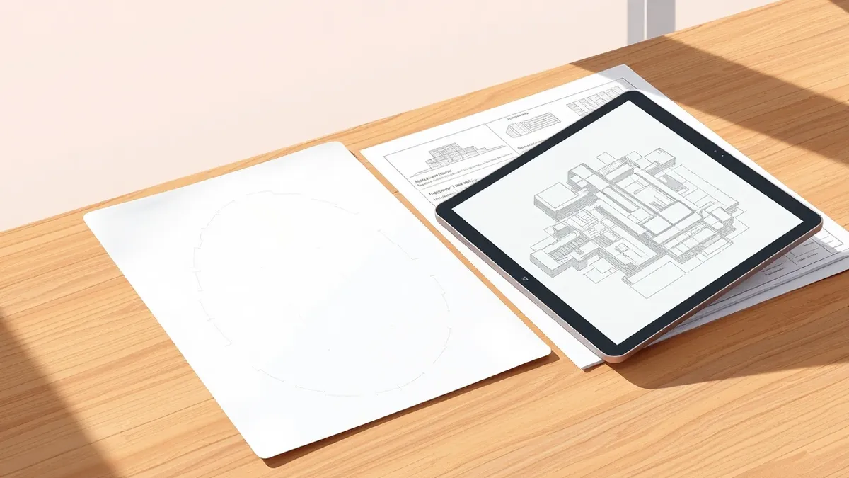 Illustration: A simple hand-drawn floor sketch rests on a wooden table next to a stack of pristine, detailed architectural blueprints.