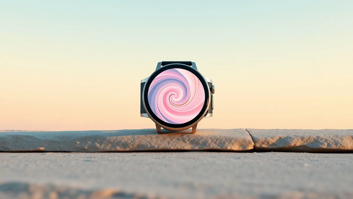 Illustration: A sleek smartwatch rests on a smooth stone surface, its circular display showing a swirling abstract pattern of soft pastel gradients that shift and blend seamlessly,