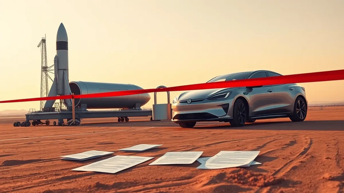 Illustration: A silver rocket booster rests on a launchpad next to a sleek electric sedan, with a thick red barrier tape stretched between them.