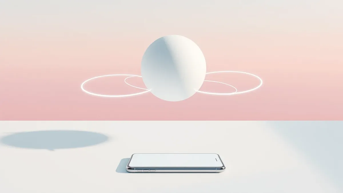 Illustration: A sleek, abstract white sphere floats gently above a minimalist desk, surrounded by soft, swirling ribbons of light that connect to a blank smartphone lying flat near