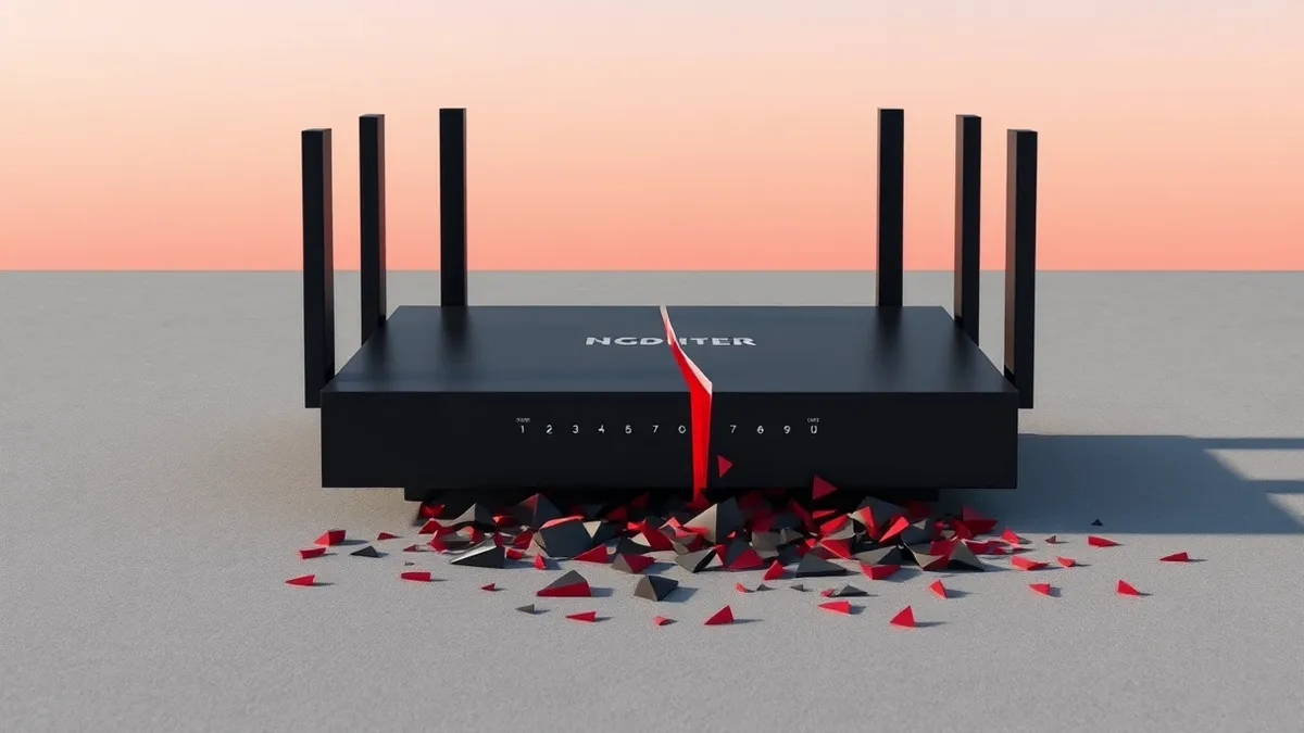 Illustration: A sleek black network router sits on a plain gray surface, its front panel displaying a series of tiny, blank indicator lights.