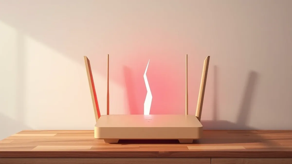 Illustration: A beige wireless router sits on a wooden table with its antennas pointing upward.