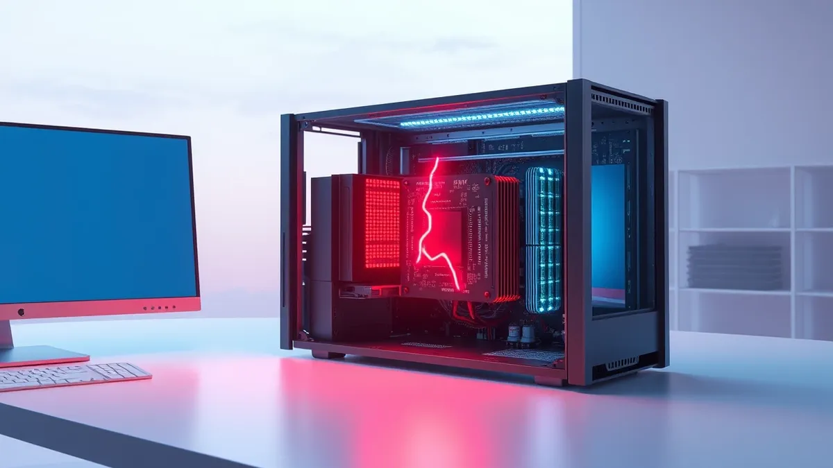 Illustration: A sleek, modern server chassis sits open on a clean white desk, its internal circuit boards illuminated by soft blue light.