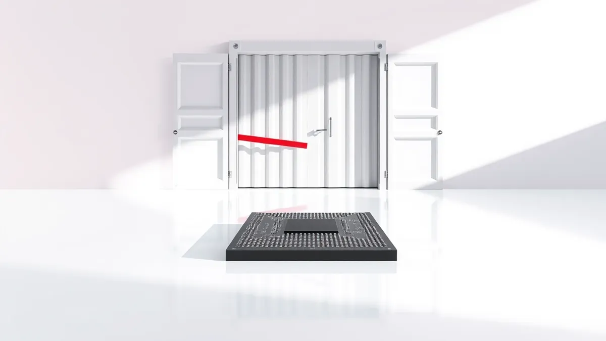 Illustration: A sleek rectangular silicon wafer rests on a sterile white laboratory table.
