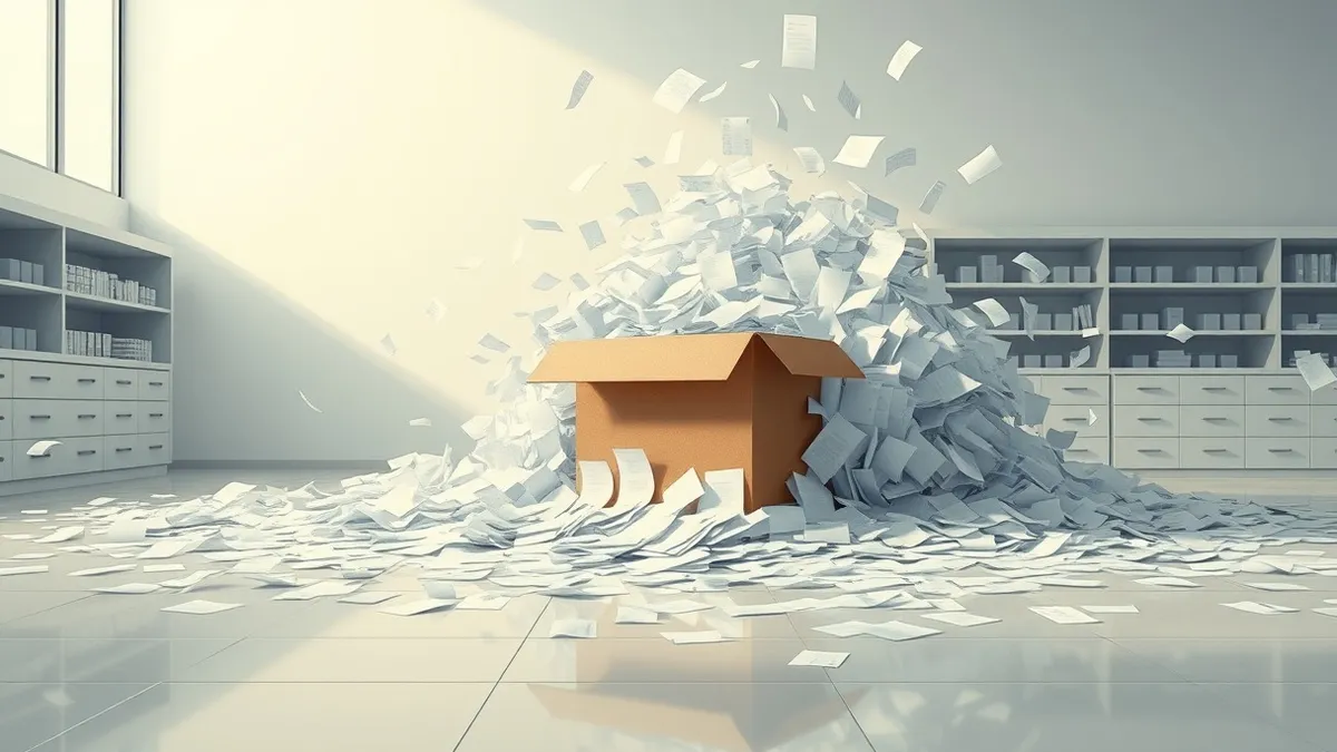 Illustration: A single massive cardboard box bursts open on a polished lab floor, spilling an endless cascade of blank white papers that flow like water across the tiles.