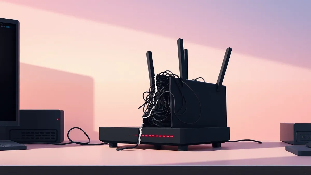 Illustration: A black network router sits on a desk with blinking red lights.