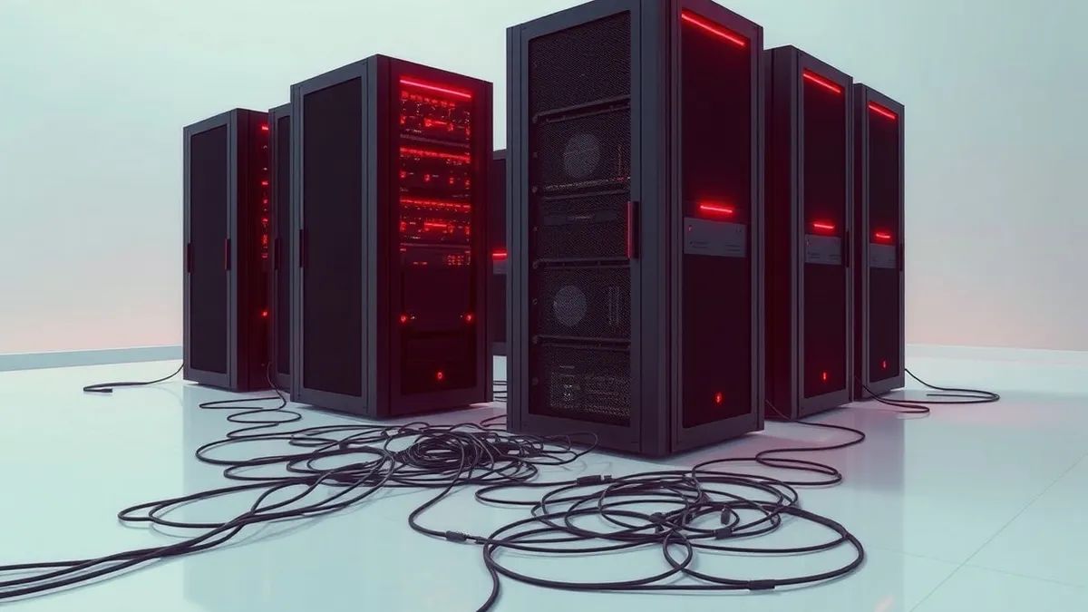 Illustration: A row of identical black server towers sits in a cold room, their front panels glowing with erratic red lights.
