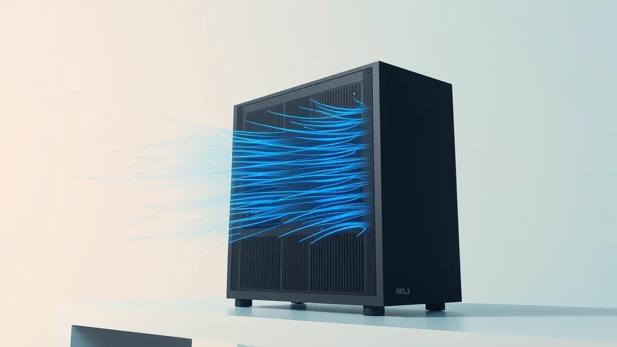 Illustration: A sleek black server tower sits on a minimalist desk.