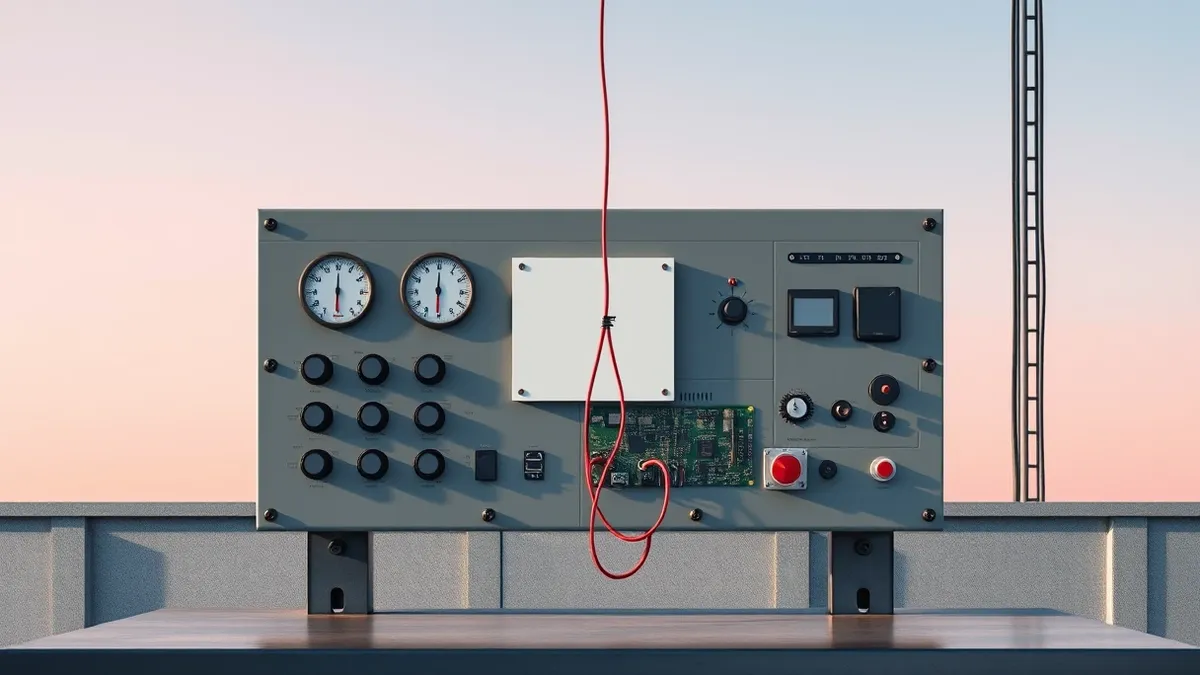 Illustration: A gray industrial control panel with blank dials and empty readouts sits on a metal workbench.