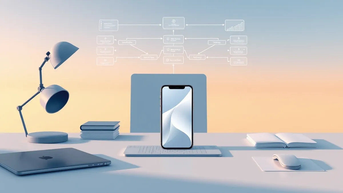 Illustration: A sleek, minimalist desk holds a modern smartphone displaying a clean, abstract interface with smooth geometric shapes.