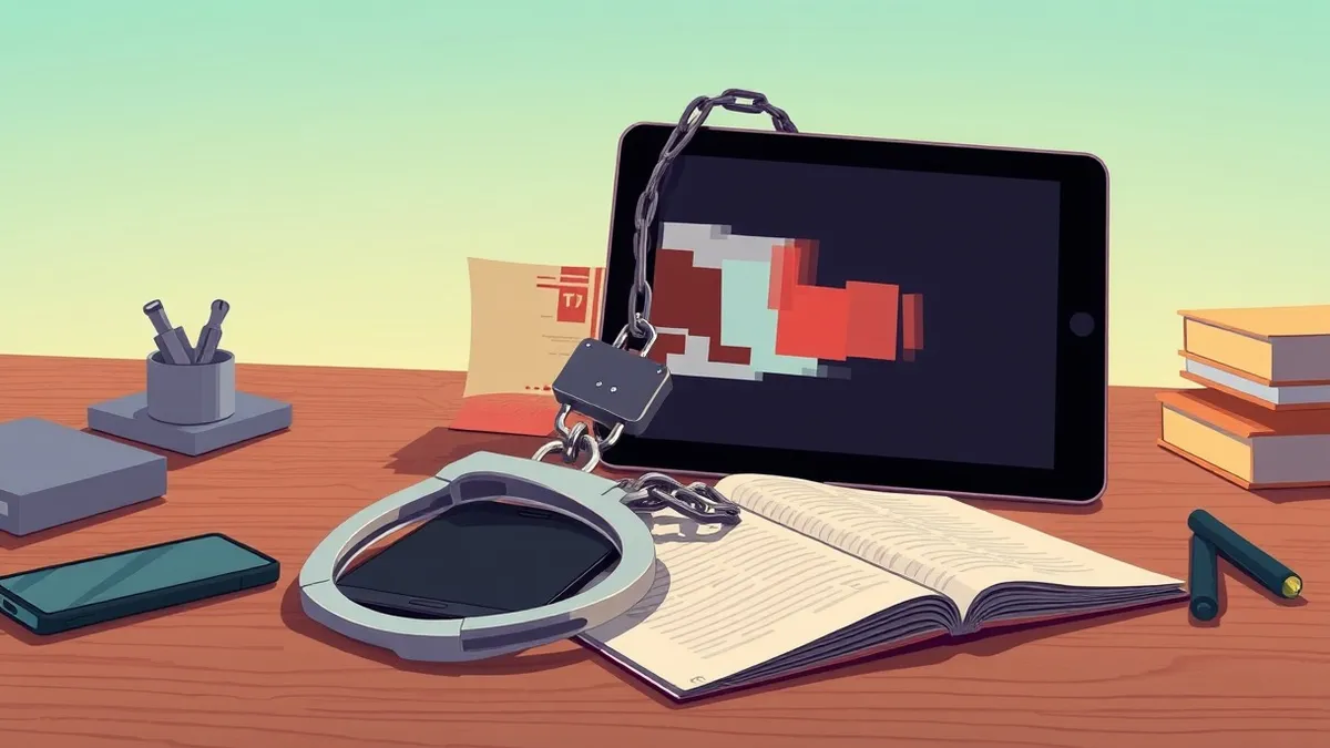 Illustration: A cluttered desk holds a smartphone and a tablet, both displaying fragmented, glitching video thumbnails that twist into distorted shapes.