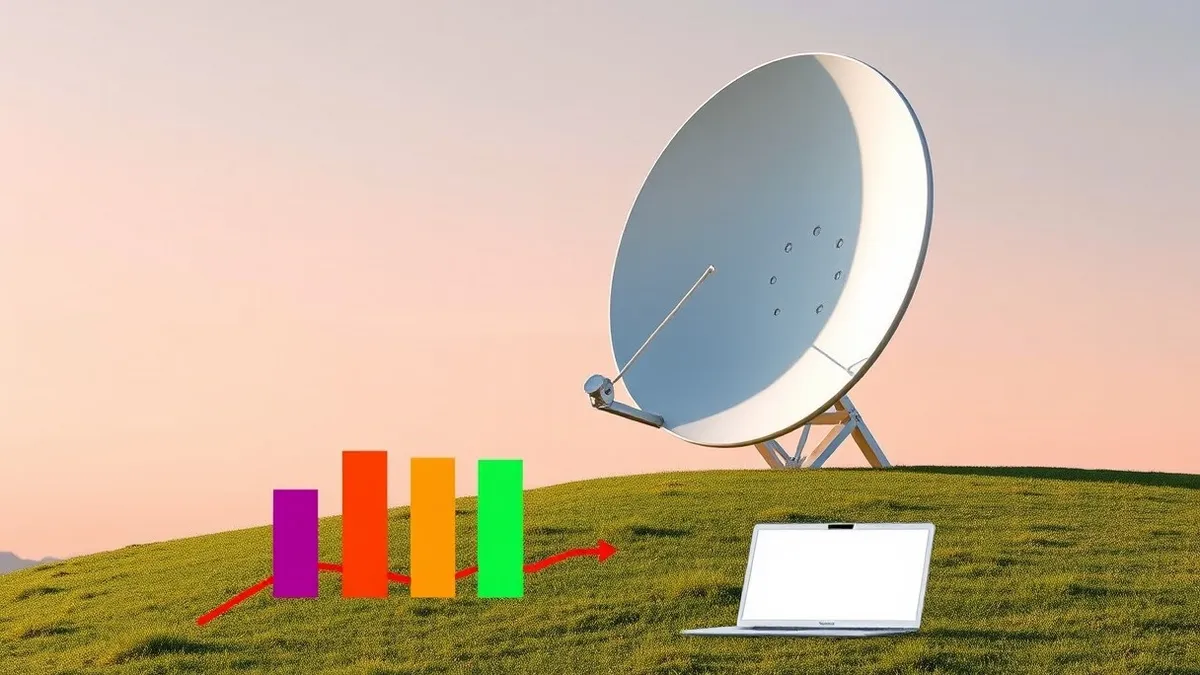 Illustration: A sleek white satellite dish antenna sits tilted toward the sky on a grassy hill.