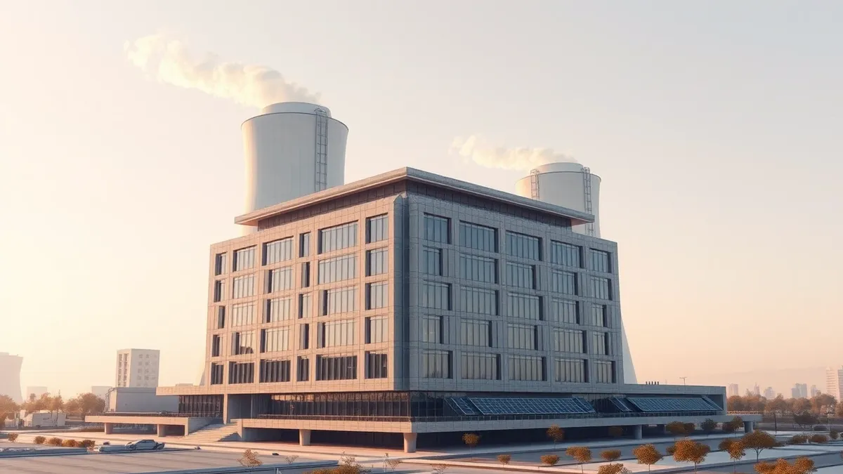 Illustration: A sleek, low-profile concrete building sits in an urban landscape, featuring a distinctive geometric facade of interlocking glass panels.