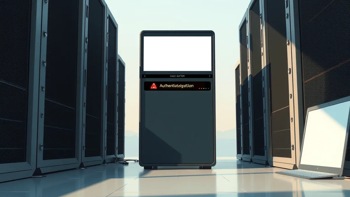 Illustration: A sleek server tower sits in a dim rack, its front panel displaying a blank white interface.