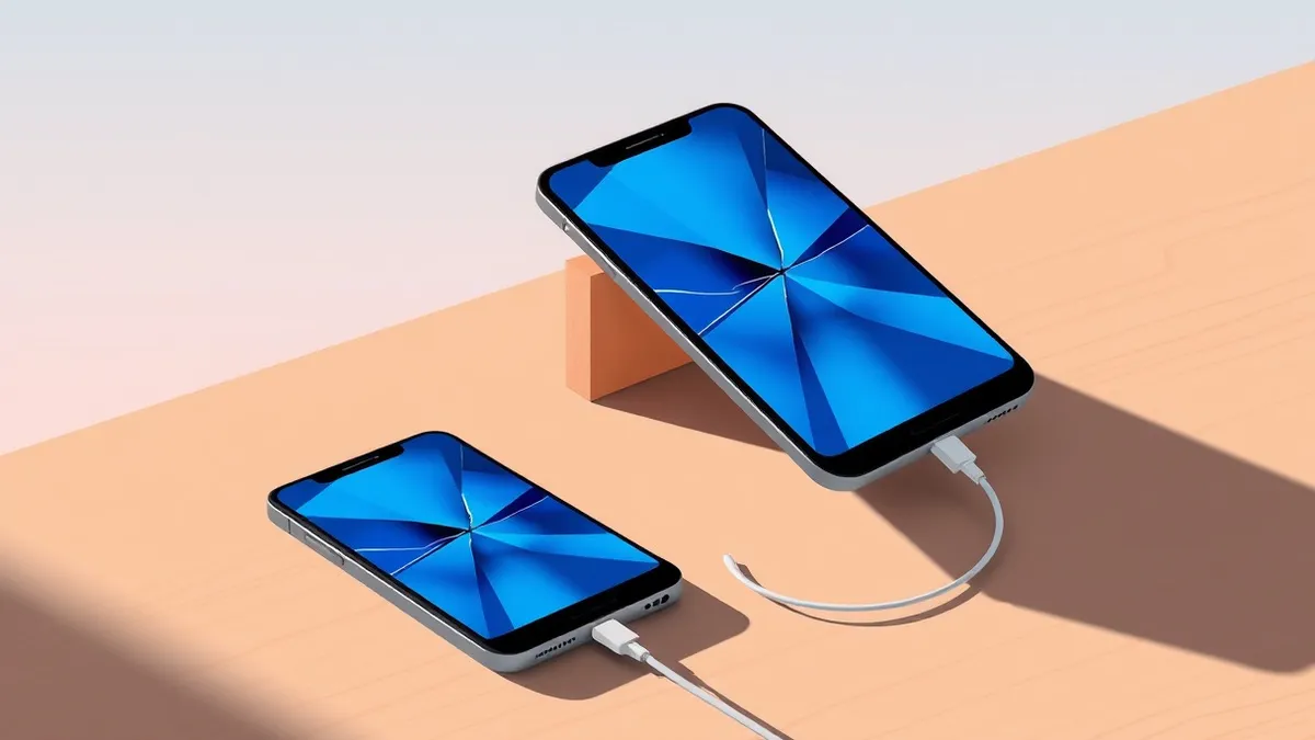 Illustration: A cracked smartphone rests on a wooden table beside a fresh device, both screens displaying identical abstract blue geometric patterns.