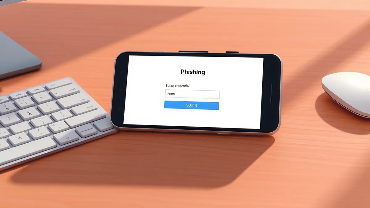 Illustration: A sleek smartphone rests on a wooden desk next to a generic office keyboard.