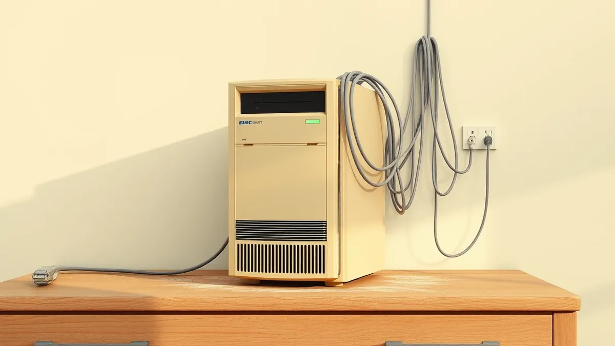 Illustration: A vintage beige tower server sits on a dusty wooden desk, its front panel displaying a single steady green LED light.