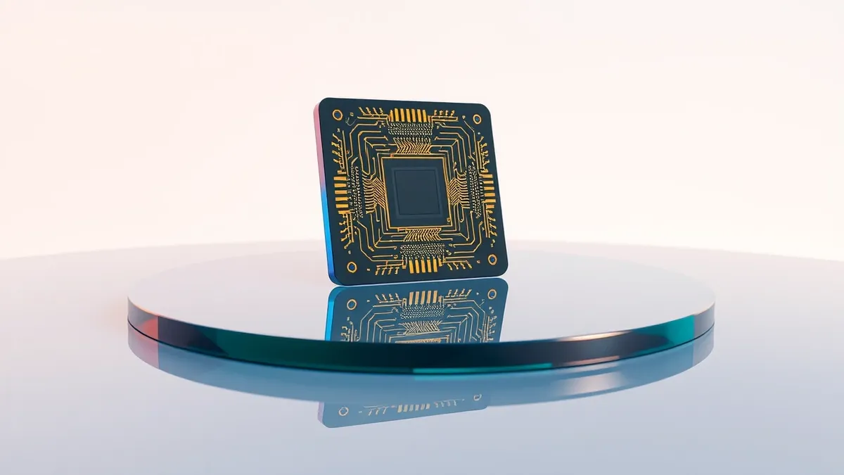 Illustration: A sleek black microchip with intricate gold circuit patterns rests on a reflective glass surface.