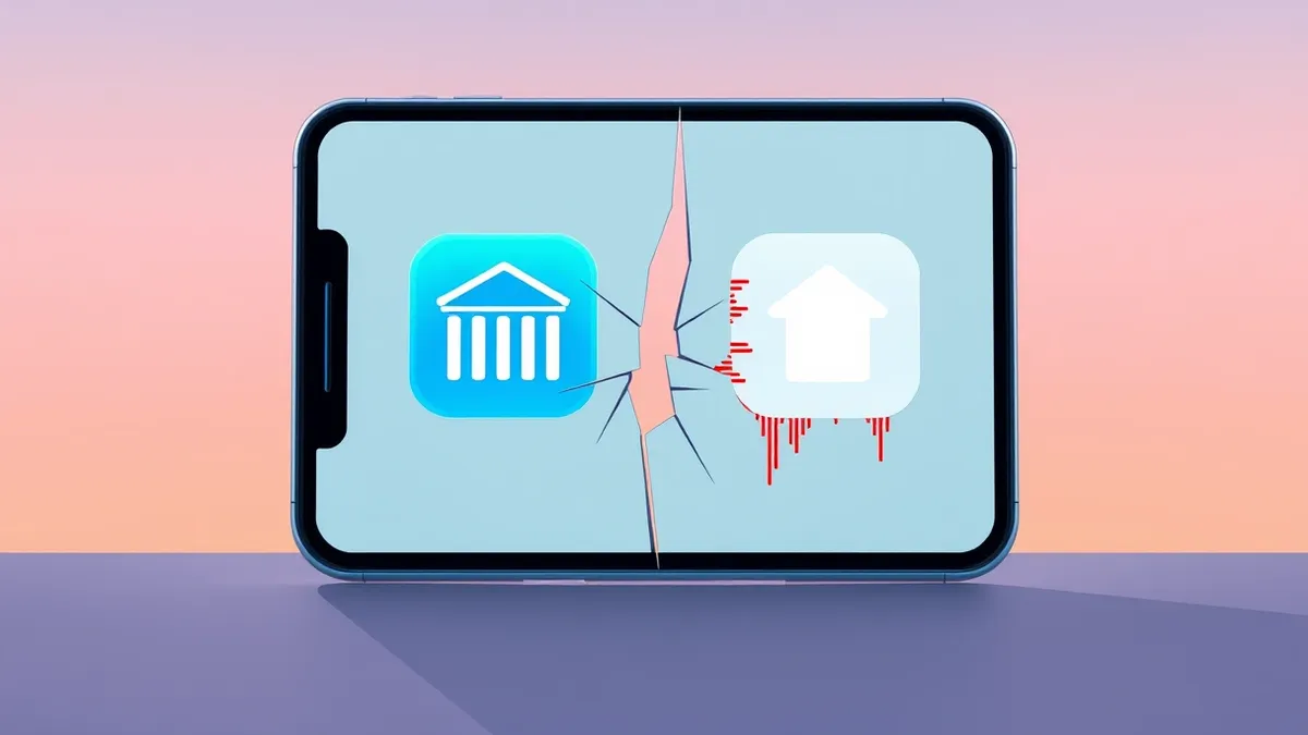 Illustration: A cracked smartphone screen displays two identical banking app icons side by side, one pristine and glossy, the other slightly pixelated with a subtle red glitch effe