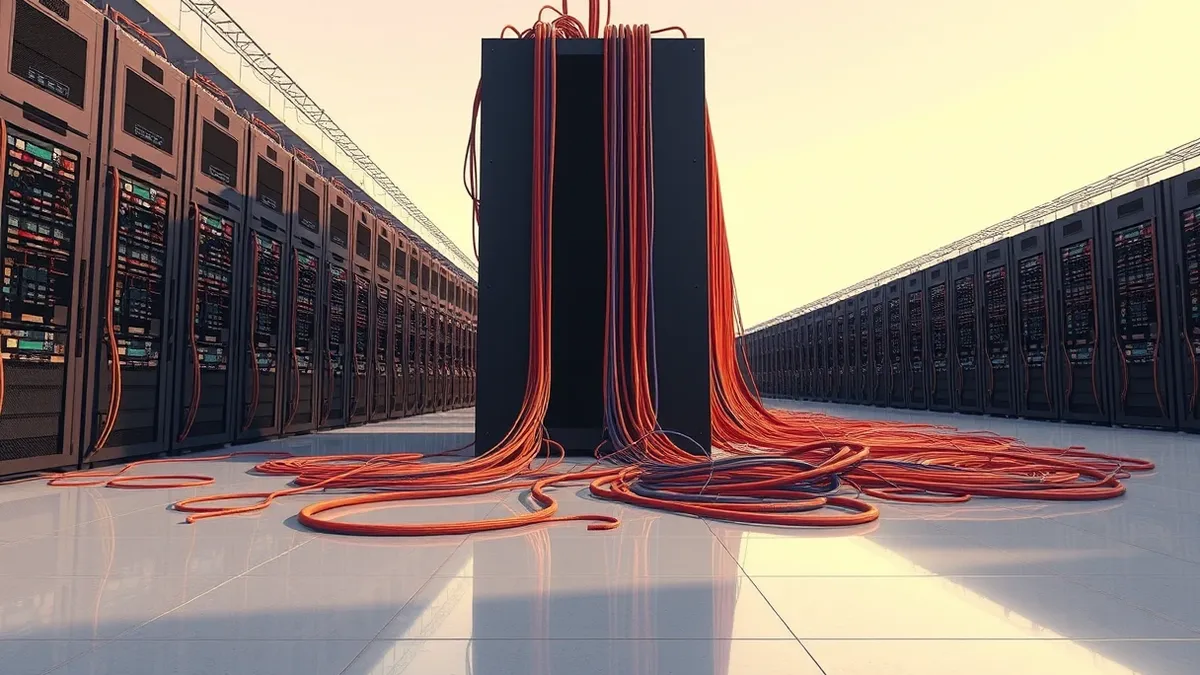 Illustration: A massive concrete server hall stretches into the distance, filled with rows of identical black cabinets.