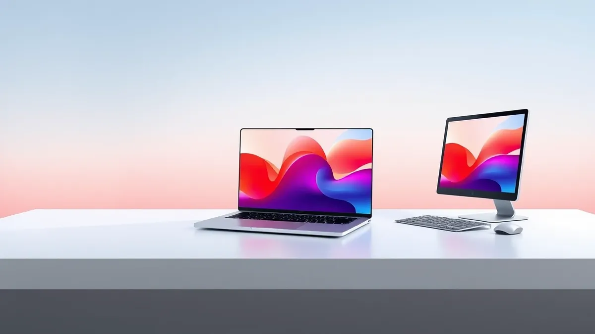 Illustration: A sleek silver laptop sits open on a clean white table, its screen glowing with abstract vibrant colors to suggest a high-quality OLED display.