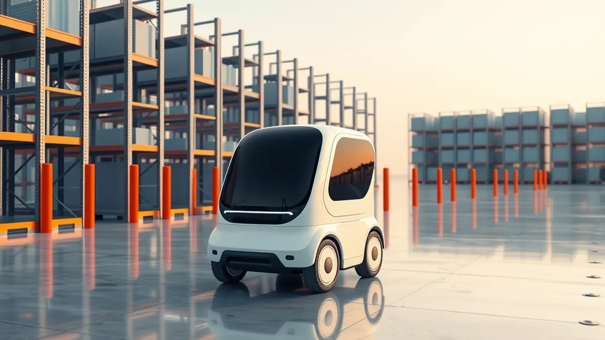 Illustration: A sleek white autonomous mobile robot navigates a polished warehouse floor.