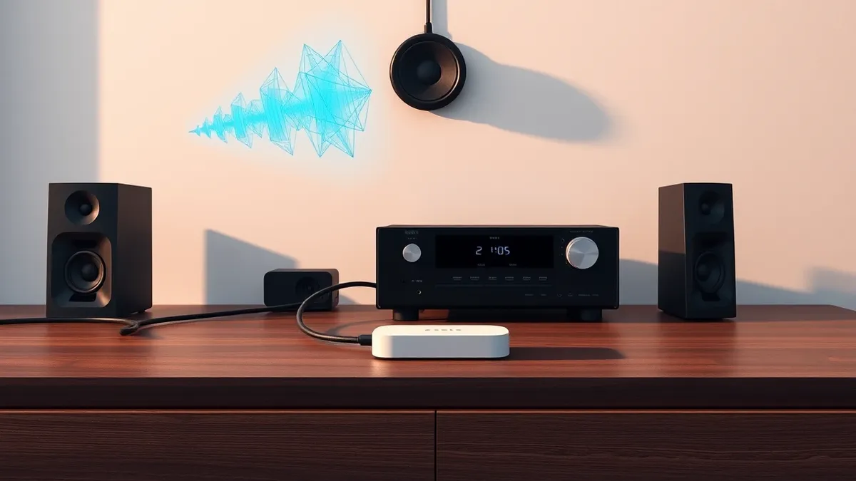 Illustration: A white media streaming device rests on a dark wooden surface, connected by a thick black cable to a home theater receiver.