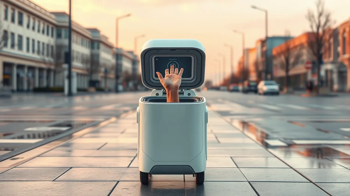 Illustration: A white delivery robot stands on a wet city sidewalk, its top compartment open to reveal a small camera lens.