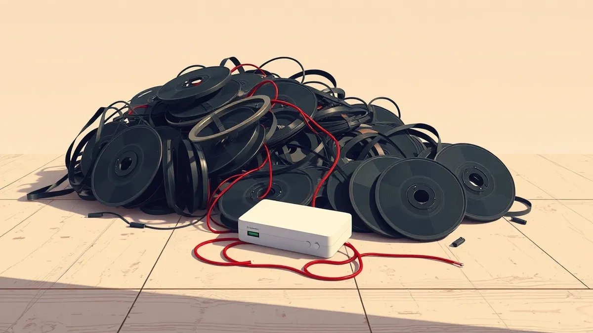 Illustration: A tangled heap of black magnetic tape spools lies discarded on a dusty wooden floor, their protective casings cracked open to reveal the exposed ribbon.