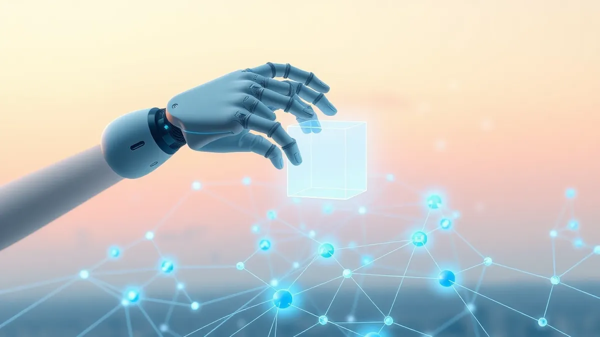 Illustration: A sleek robotic hand reaches into a glowing, abstract web of interconnected nodes representing digital infrastructure.