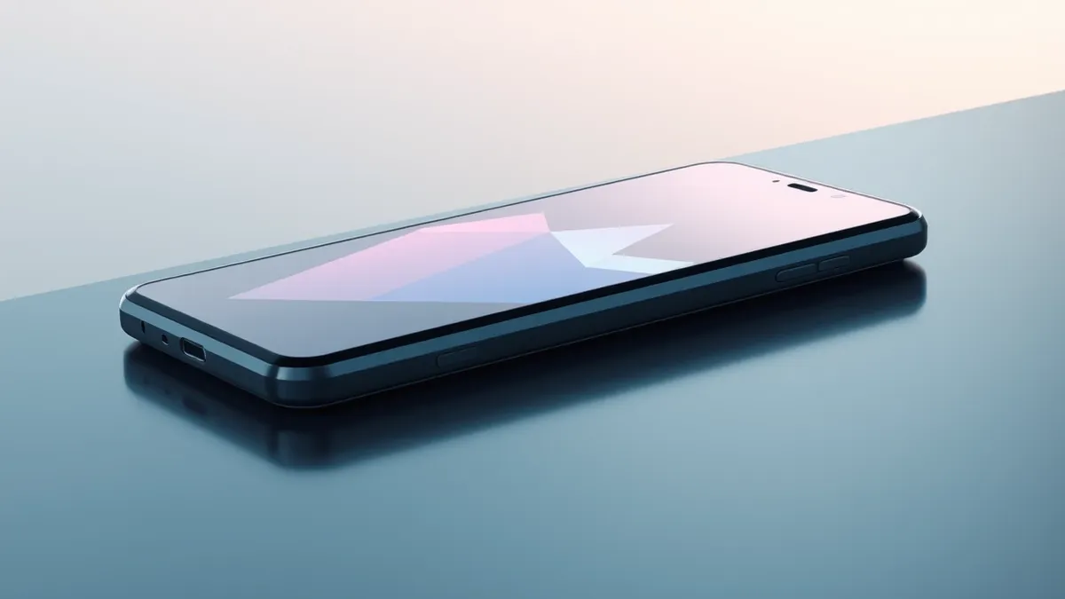 Illustration: A sleek smartphone rests on a polished surface, its screen glowing with abstract geometric shapes.