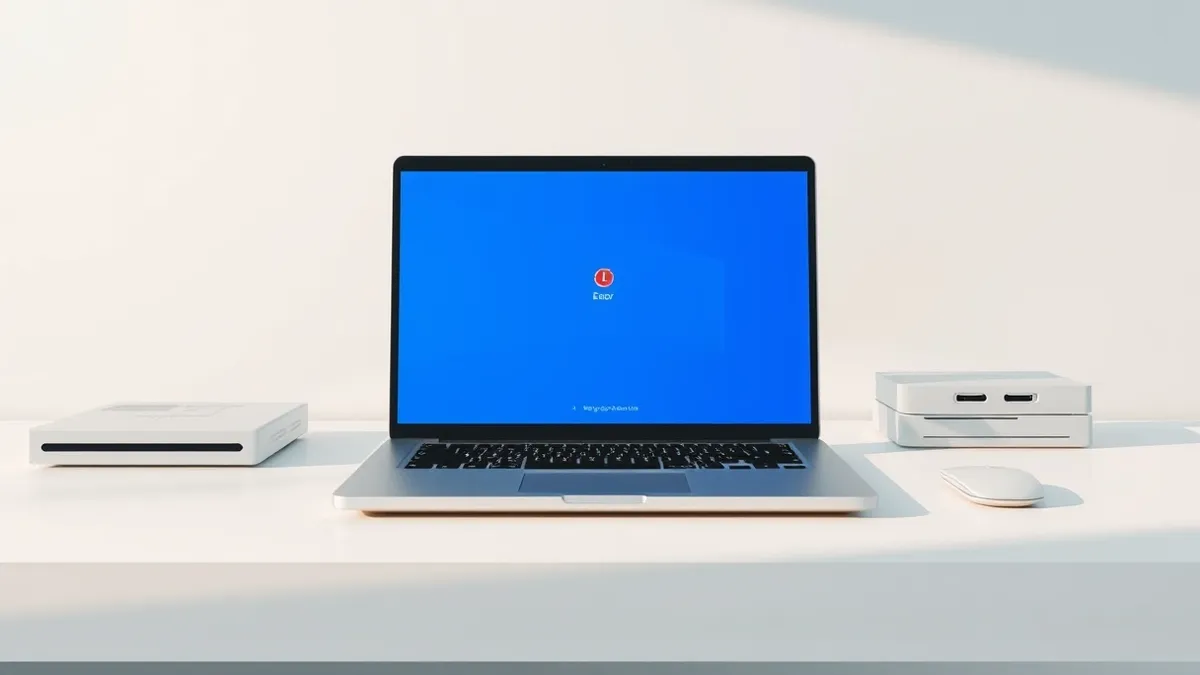 Illustration: A sleek silver laptop sits on a clean white desk, its screen displaying a blank blue window with a single red error icon in the center.