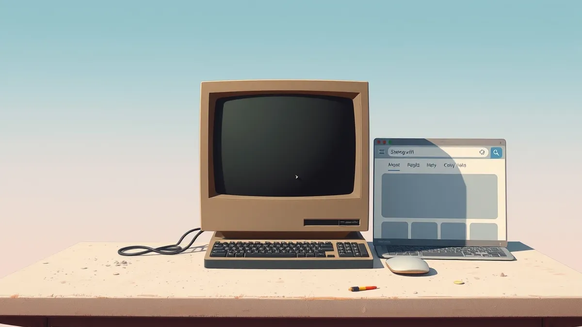 Illustration: A vintage desktop computer sits on a dusty desk.