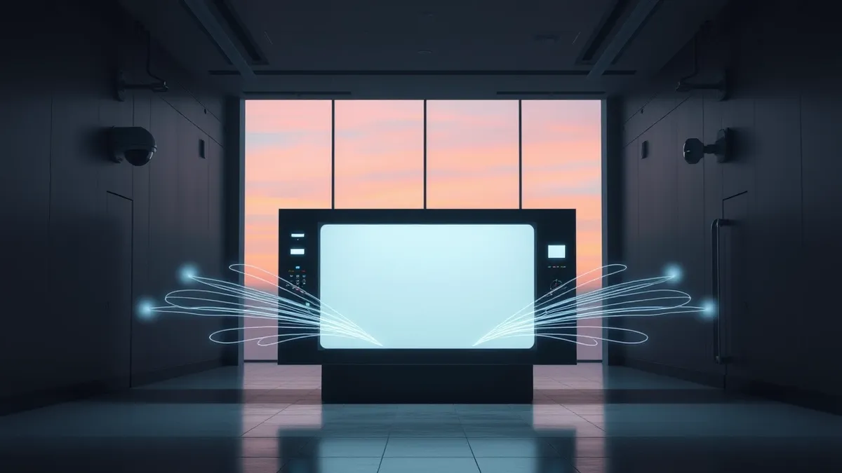 Illustration: A sleek industrial control panel sits in a dimly lit corridor.