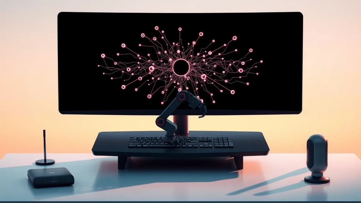 Illustration: A sleek black security console sits on a desk, its large screen displaying a complex web of interconnected nodes and glowing data streams.