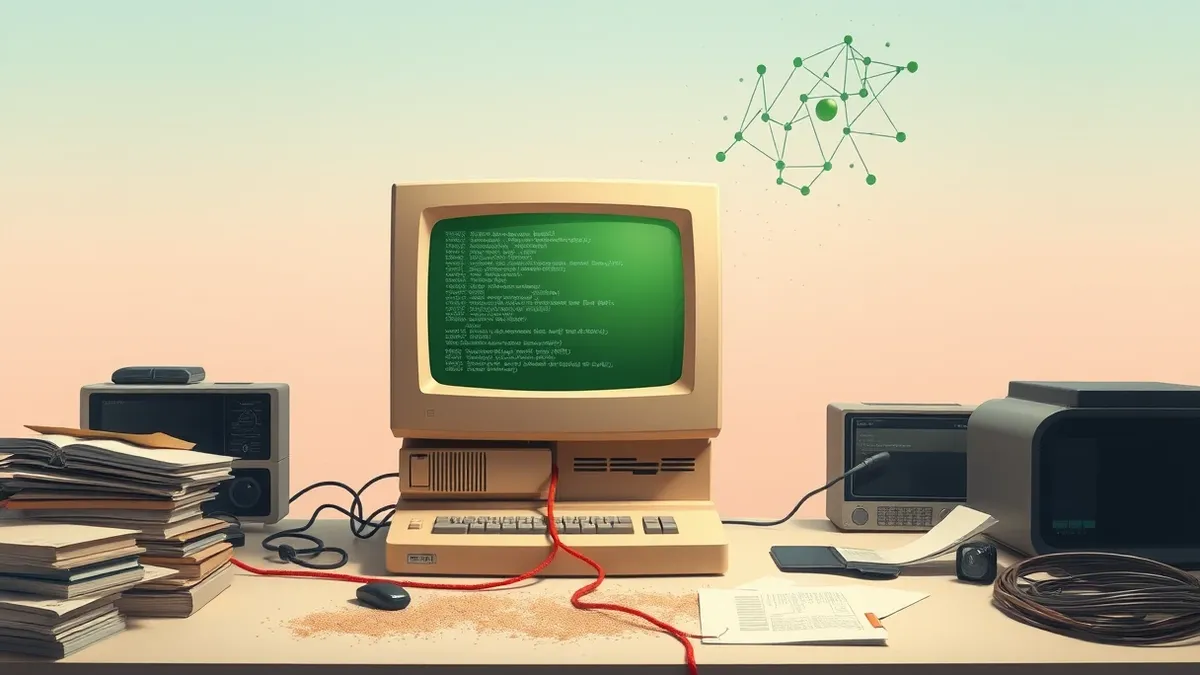 Illustration: A vintage beige computer terminal sits on a cluttered desk, its green phosphor screen displaying lines of monospaced code.