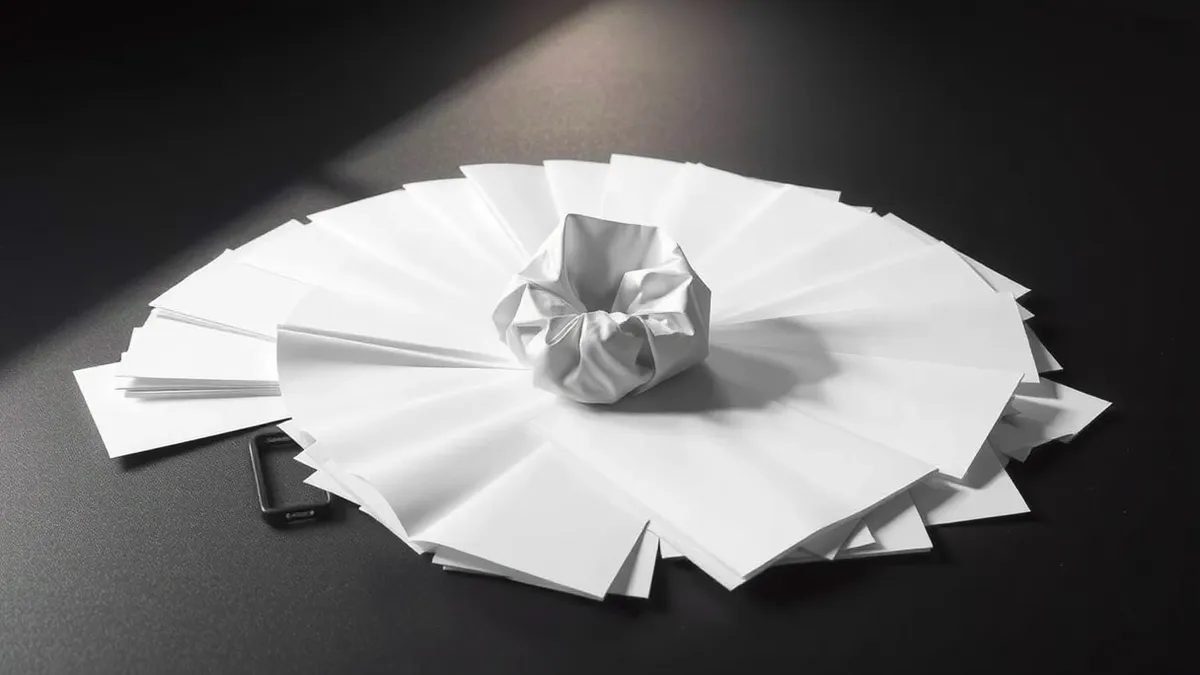 Illustration: A stack of pristine white photographic paper lies scattered on a dark surface, its edges curling upward like fragile wings.