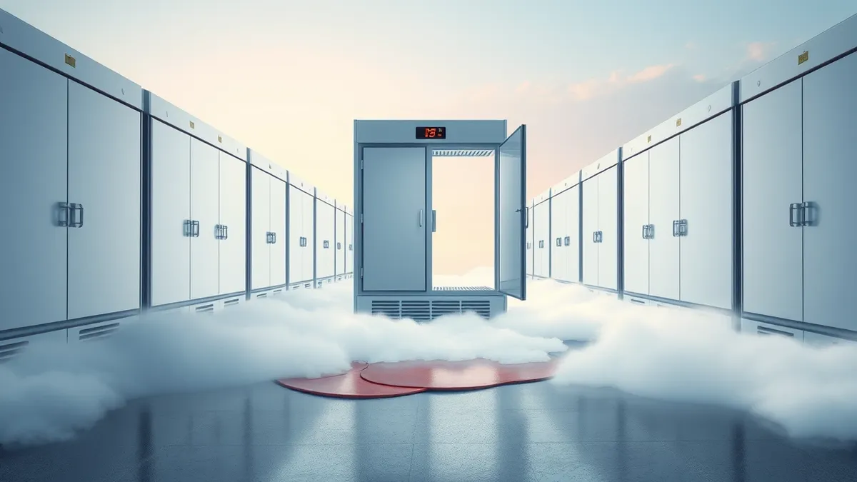Illustration: A row of blank commercial freezer doors stands open in a dim aisle.