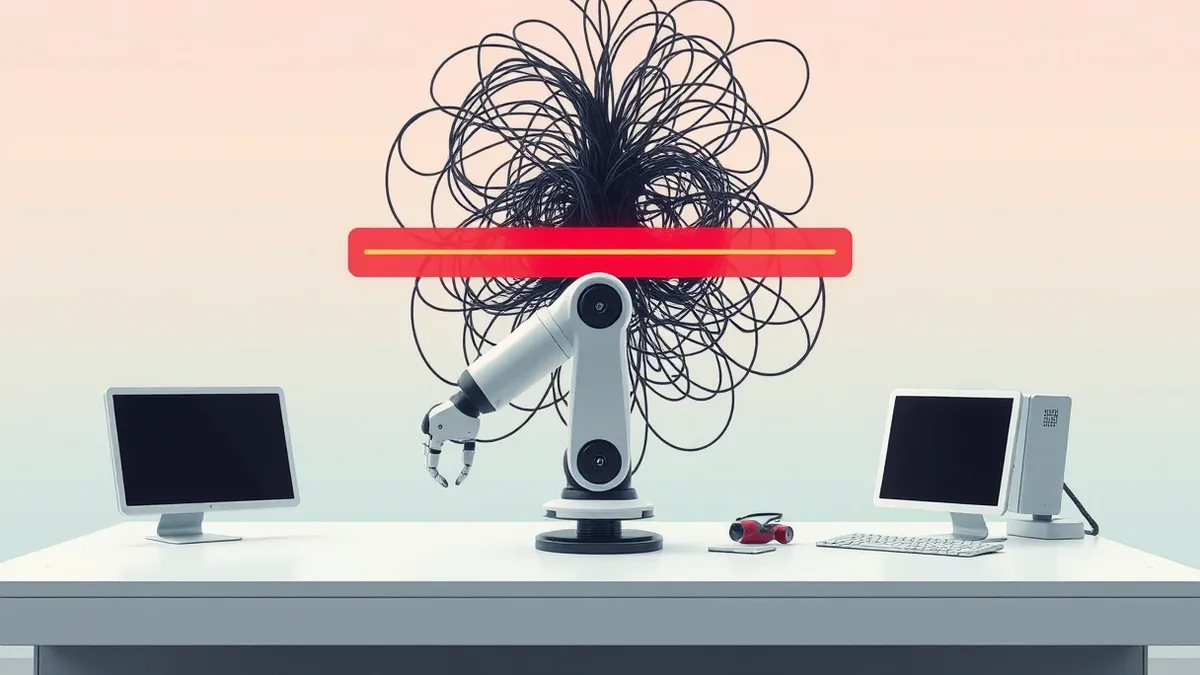 Illustration: A sleek white robot arm sits on a clean desk, its movement blocked by a translucent red barrier that pulses with warning colors.