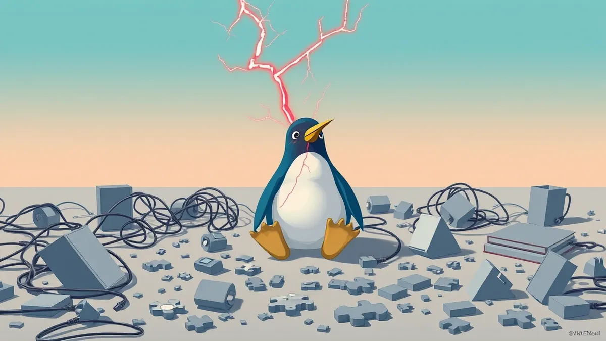 Illustration: A blue penguin sits amidst scattered, tangled cables and fragmented geometric shapes.