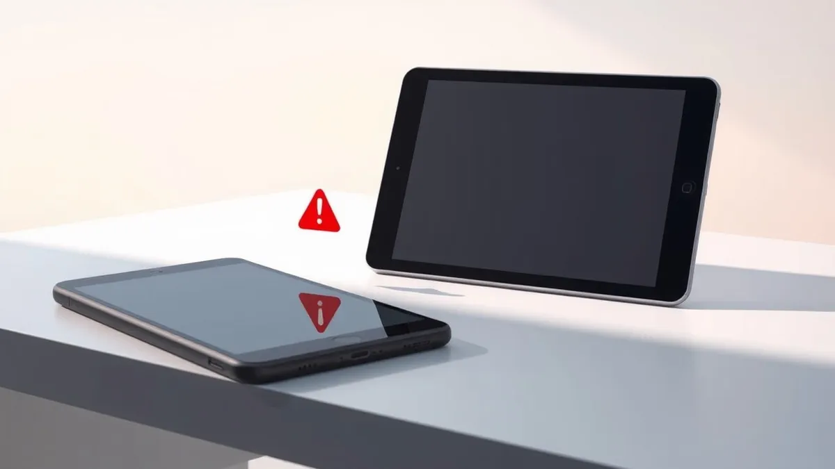 Illustration: A sleek black smartphone rests on a white desk next to a matching tablet.
