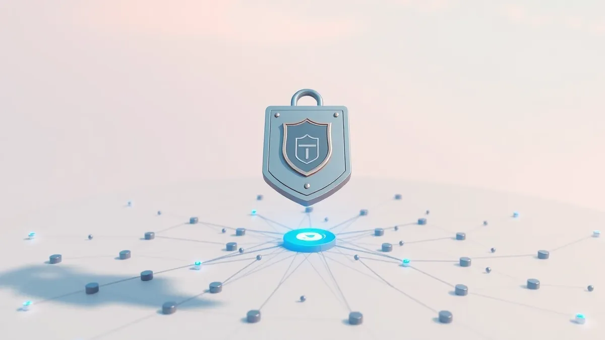 Illustration: A sleek metallic identity badge floats in mid-air above a complex neural network diagram.