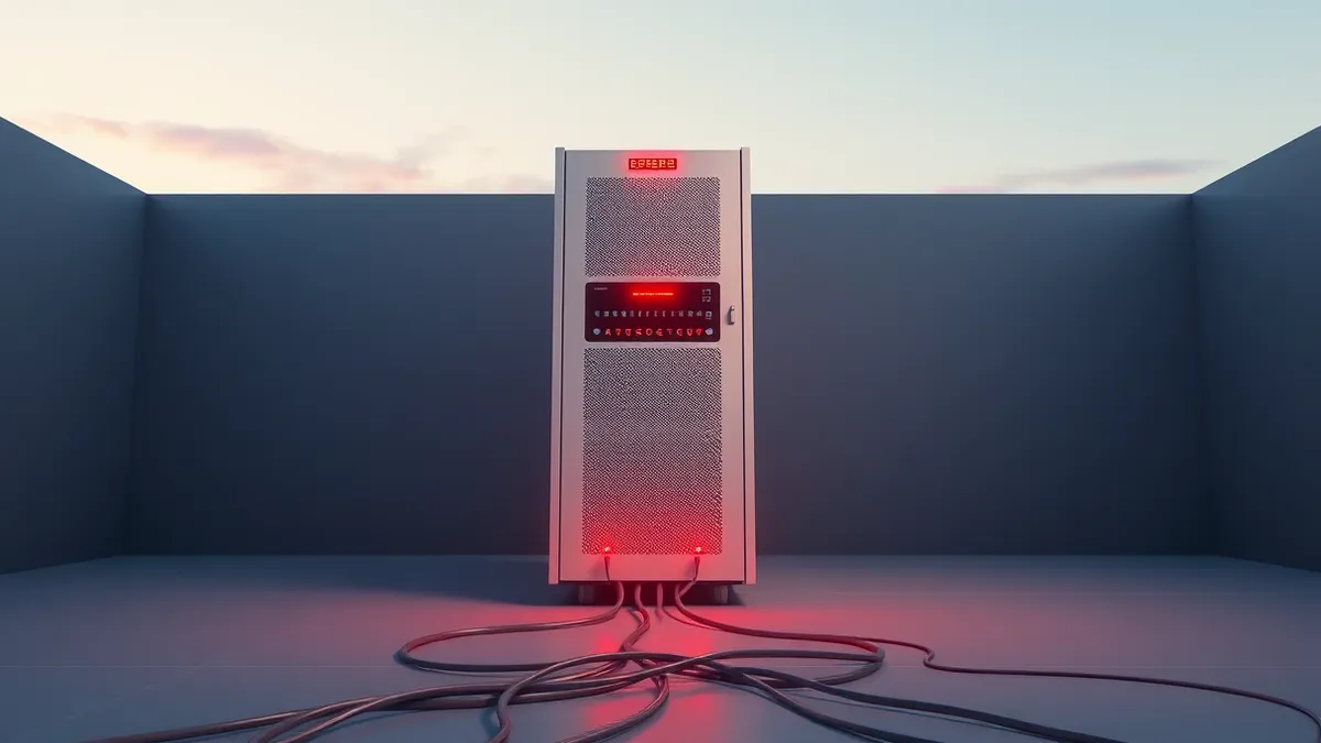 Illustration: A white server rack stands in a dim room.
