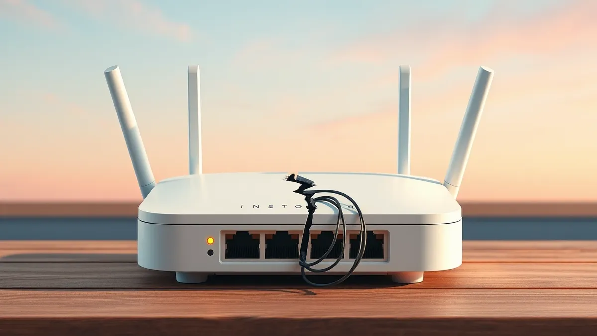 Illustration: A white home wireless router sits on a wooden table with blinking LED lights.