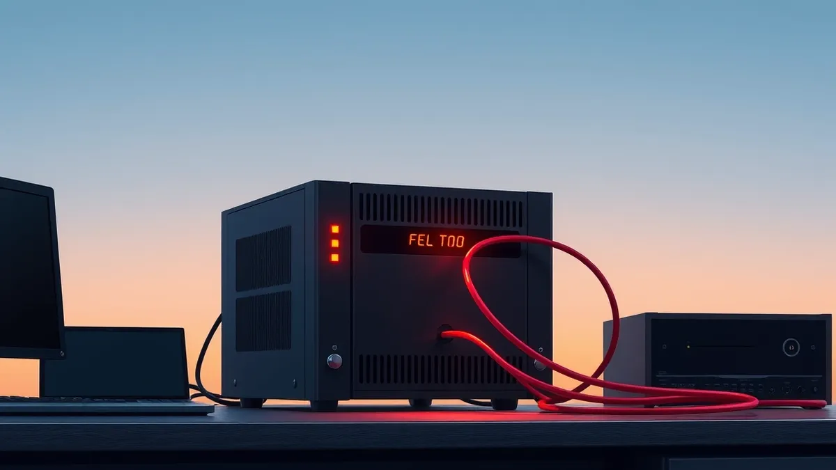 Illustration: A sleek black firewall appliance sits on a desk with its front panel lit by steady amber lights.